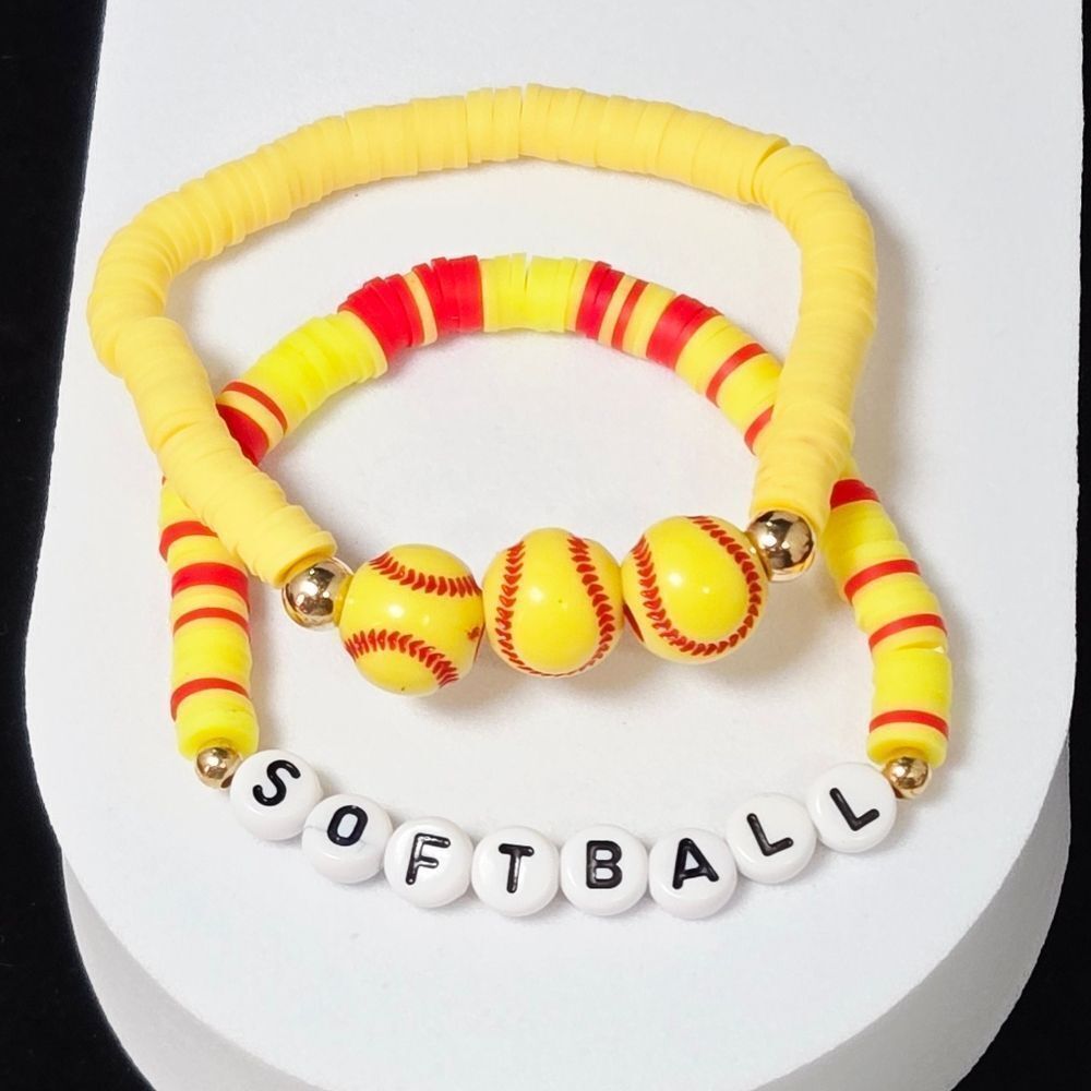 Softball Heishi Charm Bracelet Stack Set of 2 Team Spirit Yellow Red Sports Fan